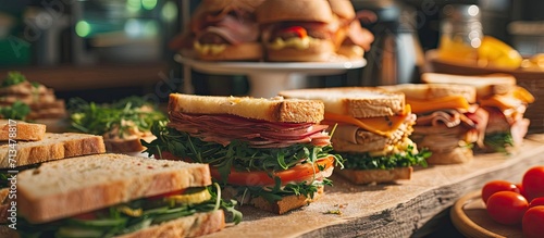 A selection of Sandwiches with various fillings at a buffet with text area. Copy space image. Place for adding text or design photo