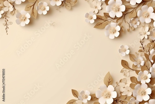 Romantic beige background with space for text or image beige paper flowers on the right