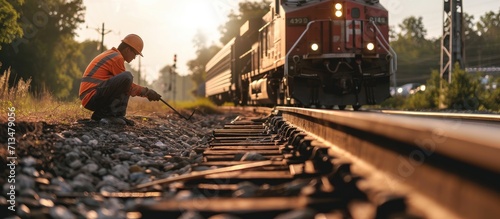 A worker in the process of a railroad track weld repair with a freight train passing. Copy space image. Place for adding text or design photo