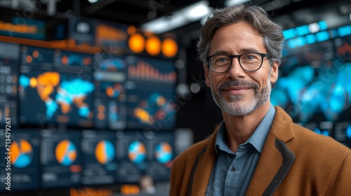 Confident businessman in control room with global data displays