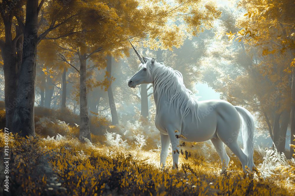 Moonlit Magic: Graceful Unicorn in Enchanting White and Fairy Dust Yellow Pastel Forest