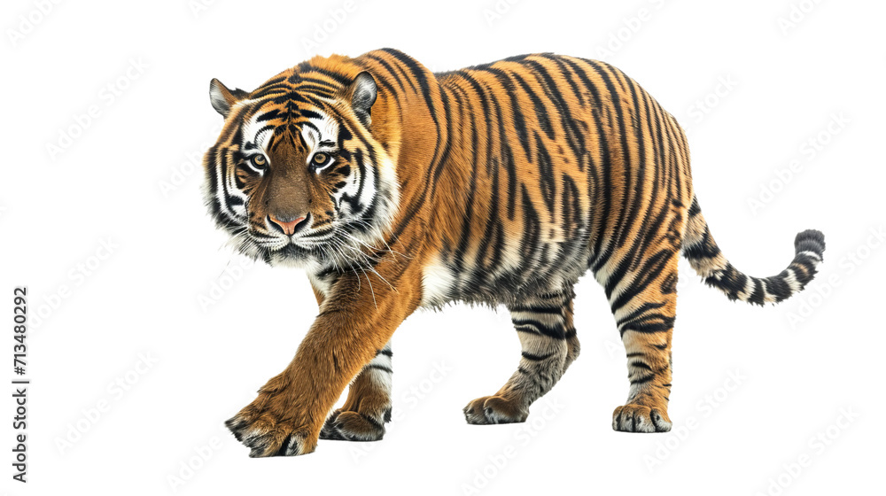 Majestic Tiger Striding Across a Blank White Canvas
