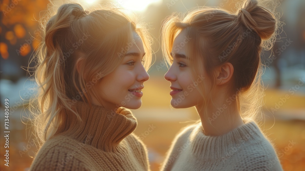 Twin sisters enjoying a sunny autumn day, golden hour togetherness Twin sisters enjoying a sunny autumn day, golden hour togetherness