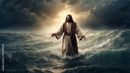 Jesus walks on water across the sea during a storm. Biblical theme concept