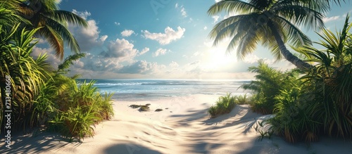Beautiful tropical beach banner White sand and coco palms travel tourism wide panorama background concept Amazing beach landscape. Copy space image. Place for adding text or design photo