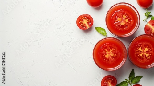 Tomato juice in a glass garnished with fresh mint, surrounded by whole tomatoes.