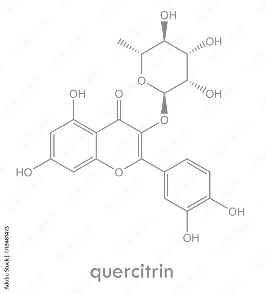 Quercitrin structure. Molecule of glycoside of quercetin (flavonoid) and rhamnose.