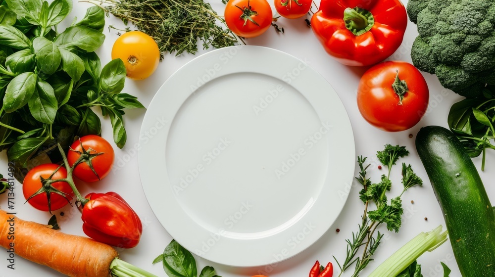 Empty white plate surrounded by fresh vegetables on white background. Empty white plate surrounded by fresh vegetables on white background.