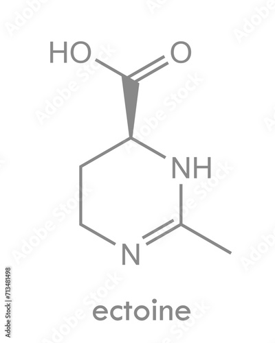 Ectoine structure. Organic compound used for irritation and inflammation of the skin and mucous membranes. Ingredient in nasal sprays, eye drops and skin care products. Skeletal formula.