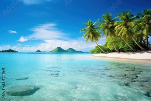  a tropical beach with palm trees and clear blue water with rocks in the foreground and an island in the distance.