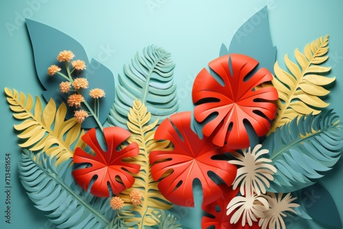  a paper cut out of leaves and flowers on a blue background with a red flower in the middle of the leaves.
