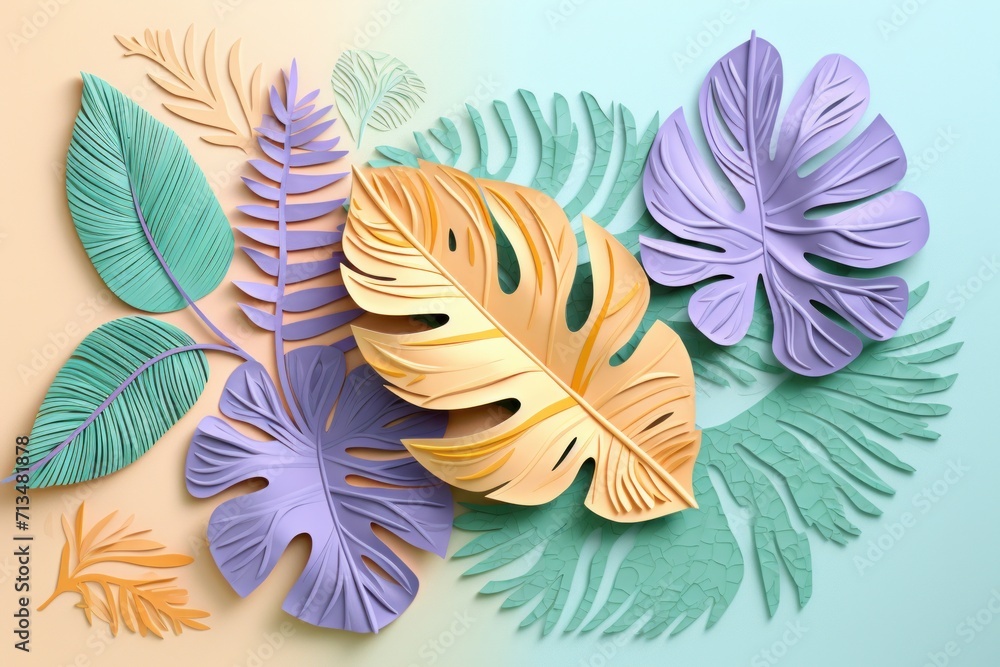  a paper cut of tropical leaves on a pastel background with green and purple leaves on the left side of the image.
