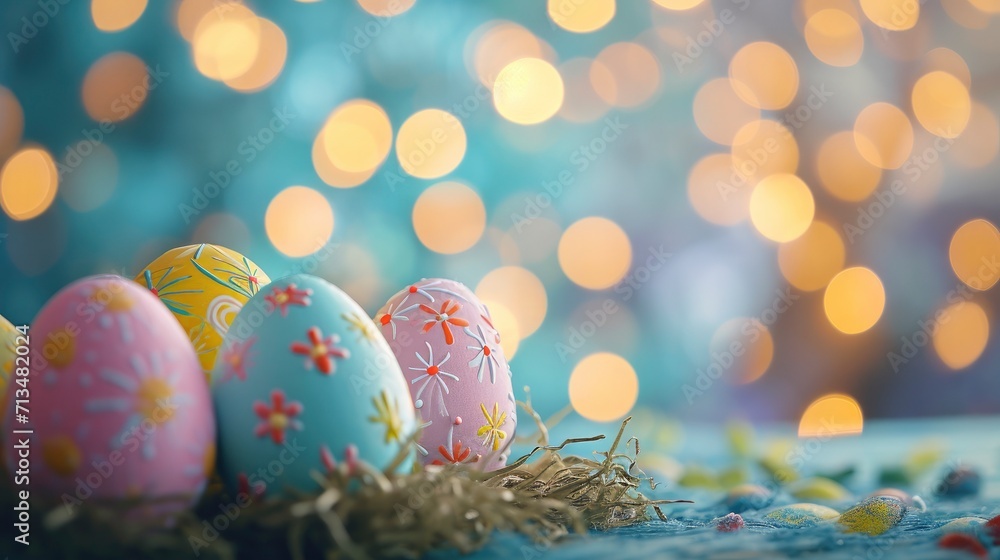 Stand displaying decorated Easter eggs,pastel bokeh background Stand displaying decorated Easter eggs,pastel bokeh background
