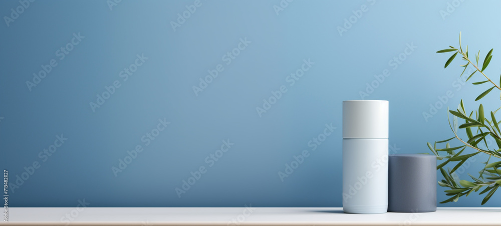 Obraz premium Modern cream packaging on a blue background, generative AI