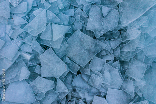 Aerial view about piled up ice floes on lake Balaton at Fonyódliget, Hungary. Abstract ice formation background. photo