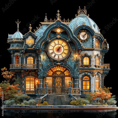 A lit up house with a fairy tale house on the front ai photo