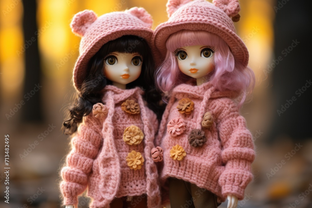 a couple of dolls standing next to each other in front of a leaf filled forest with yellow and orange leaves. a couple of dolls standing next to each other in front of a leaf filled forest with yellow and orange leaves.