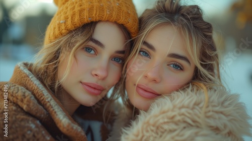 Close-up portrait of two young women enjoying winter wonderland