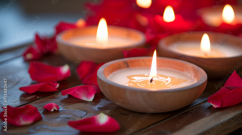 Beautiful romantic red candles with flower petals on dark wooden background Beautiful romantic red candles with flower petals on dark wooden background