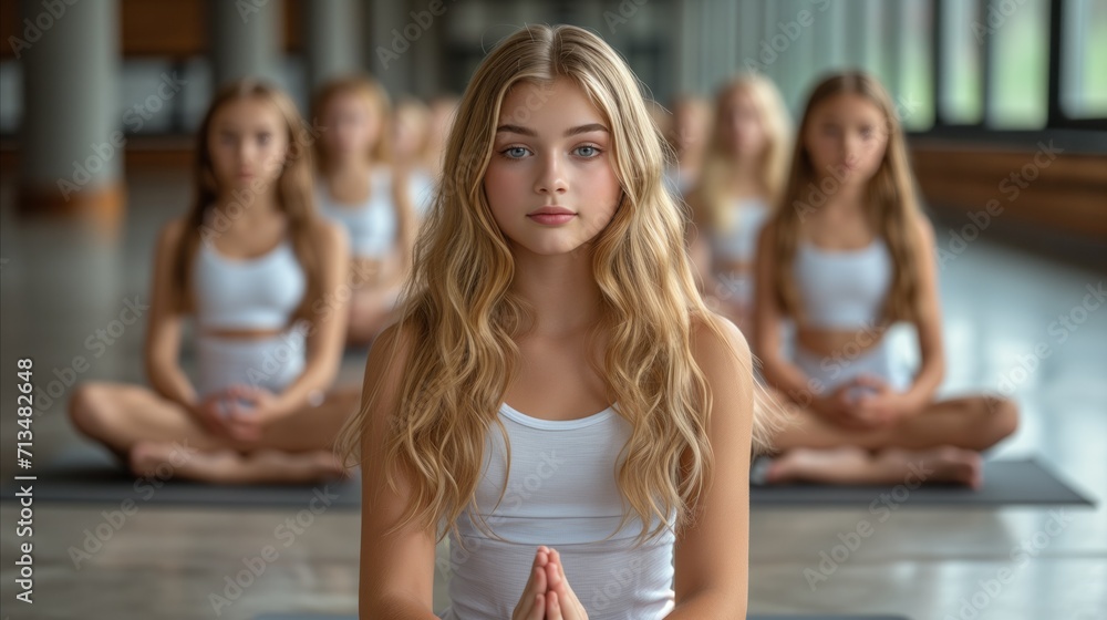 Group of young women in yoga class practicing mindfulness and meditation Group of young women in yoga class practicing mindfulness and meditation