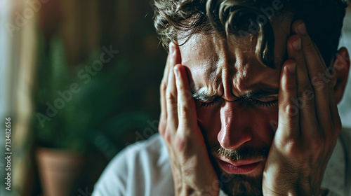 Depiction of a male experiencing a throbbing headache, with hands on temples photo