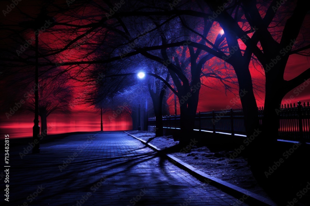  a dark street at night with a street light in the foreground and trees on the other side of the street.