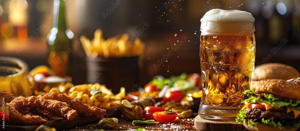 Beer toss over a top view of a table full of fast food including hamburgers potato chips club sandwich chicken nuggets and onion rings on a rustic table. Copy space image Beer toss over a top view of a table full of fast food including hamburgers potato chips club sandwich chicken nuggets and onion rings on a rustic table. Copy space image