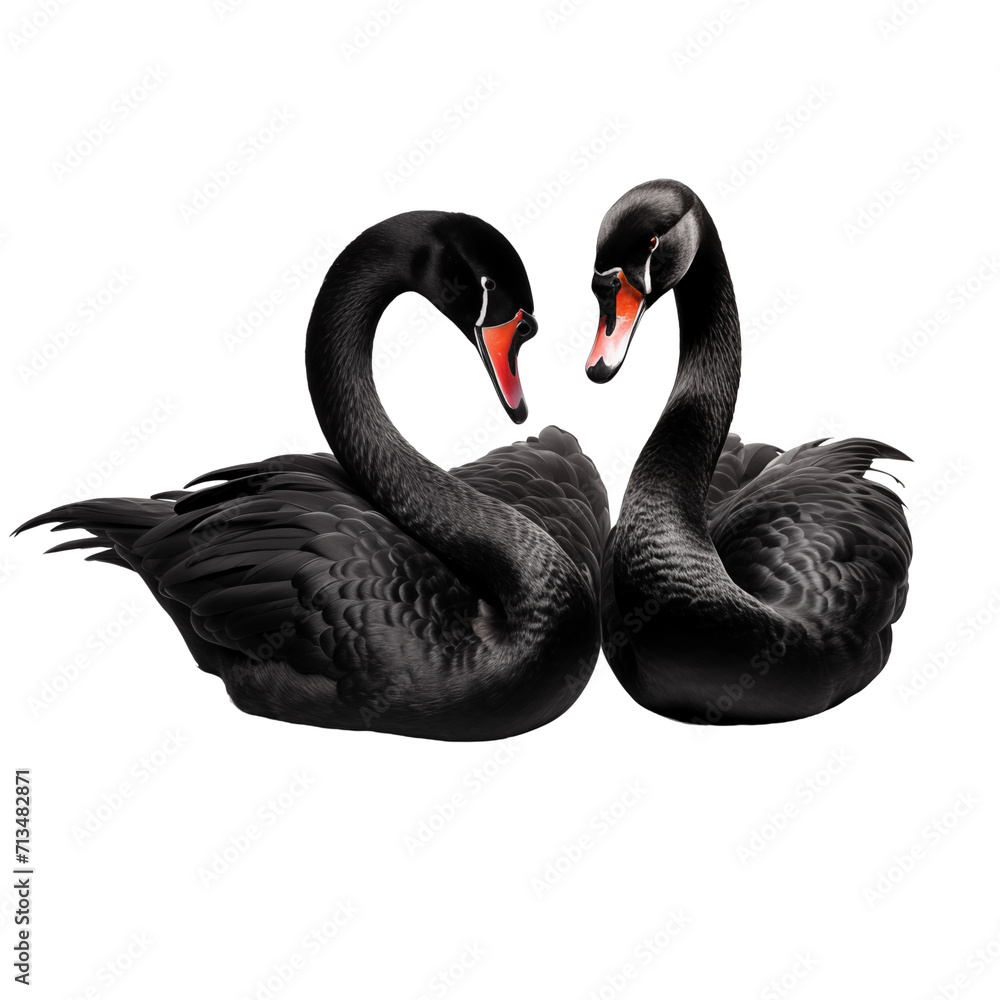 Fototapeta premium Graceful Duo: Two Black Swans Isolated on Transparent and white background. Generative ai