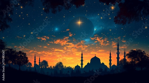 Starry night sky over silhouetted mosque and trees landscape