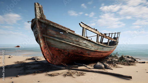 A boat on the beach has a blue and brown paint,, Shipwreck on the seashore. 3d render illustration, Wreck of a fishing boat in the sea. 3d render