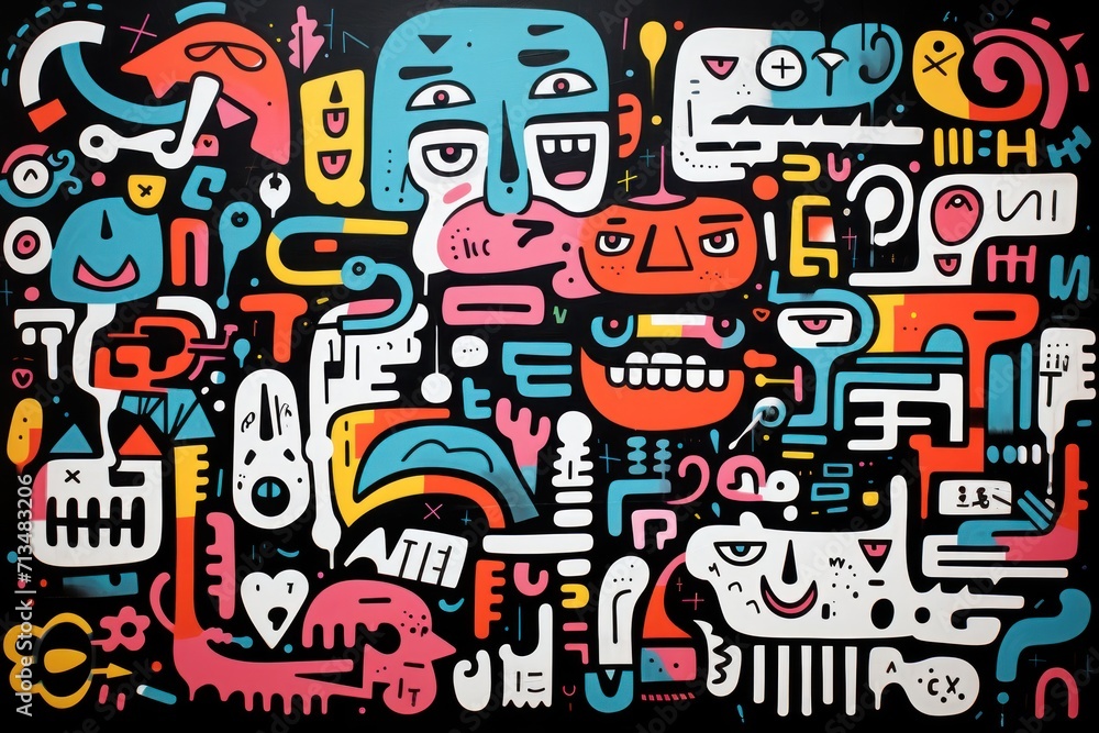 a painting of a group of faces with different colors and shapes on a black background with white and red lines. a painting of a group of faces with different colors and shapes on a black background with white and red lines.