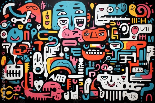  a painting of a group of faces with different colors and shapes on a black background with white and red lines. © Nadia