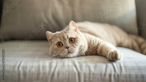 chubby solid beige short haired cat falling off the couch. photo