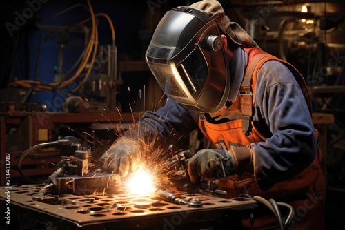 welder in a special uniform and protective mask welds parts at a factory