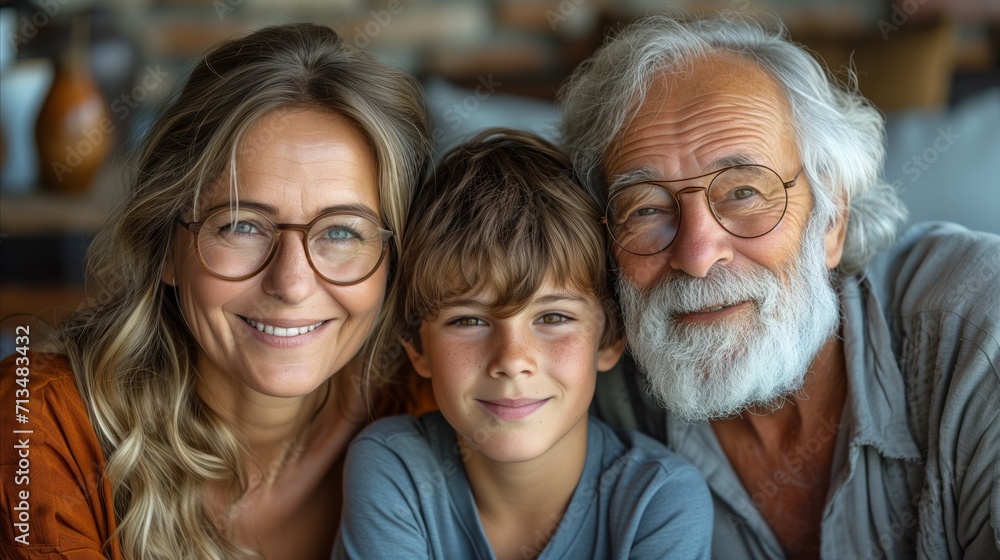 Multigenerational family portrait with smiling child, mother, and grandfather Multigenerational family portrait with smiling child, mother, and grandfather