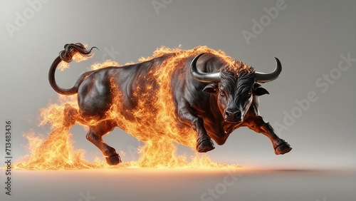 bull on the street  A flaming bull that rages with fire 