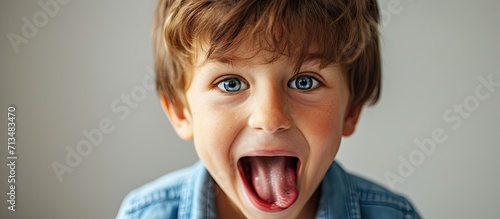A six year old boy child is being funny and making a bratty face while sticking out his tongue. Copy space image. Place for adding text or design photo