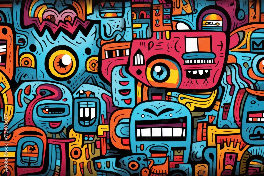 a painting of a group of monsters with big eyes and mouthy mouths, all of which appear to be multicolored. a painting of a group of monsters with big eyes and mouthy mouths, all of which appear to be multicolored.