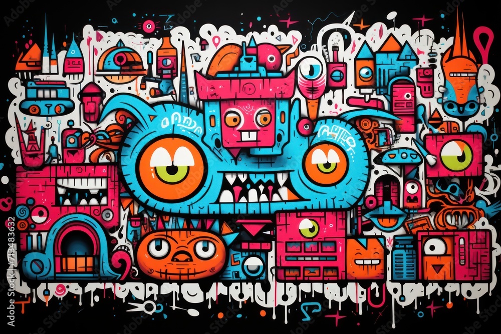  a painting of a bunch of different types of things on a black background with orange, pink, blue, and green eyes.
