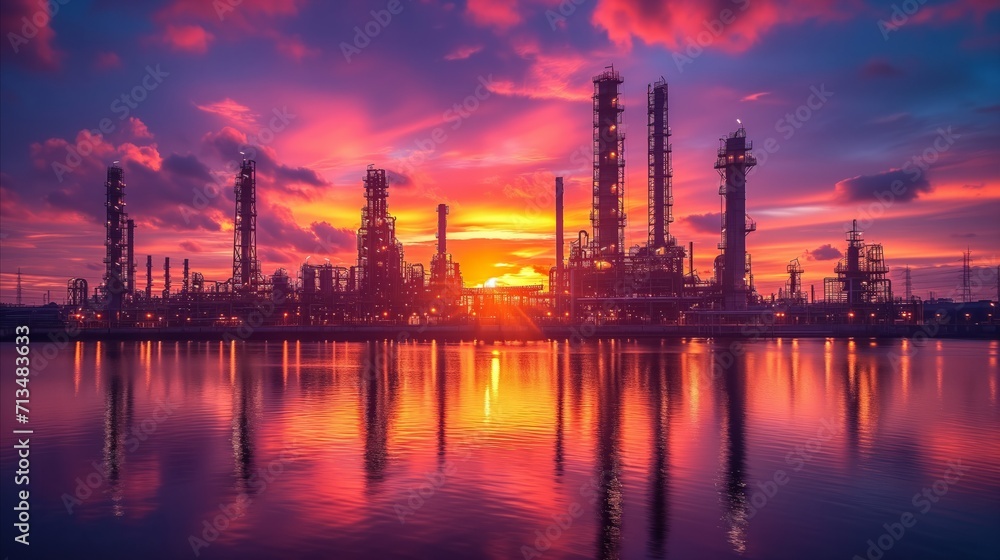 Industrial landscape at sunset with refinery silhouettes and colorful sky