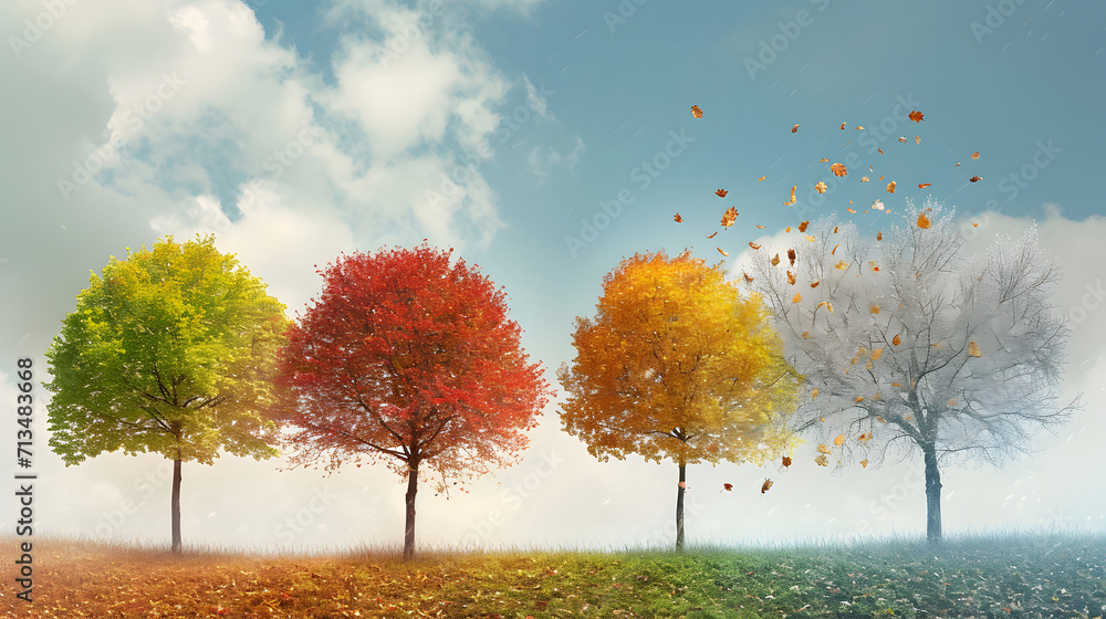 Tree leaves transition through different seasons, spring, summer, fall, and winter