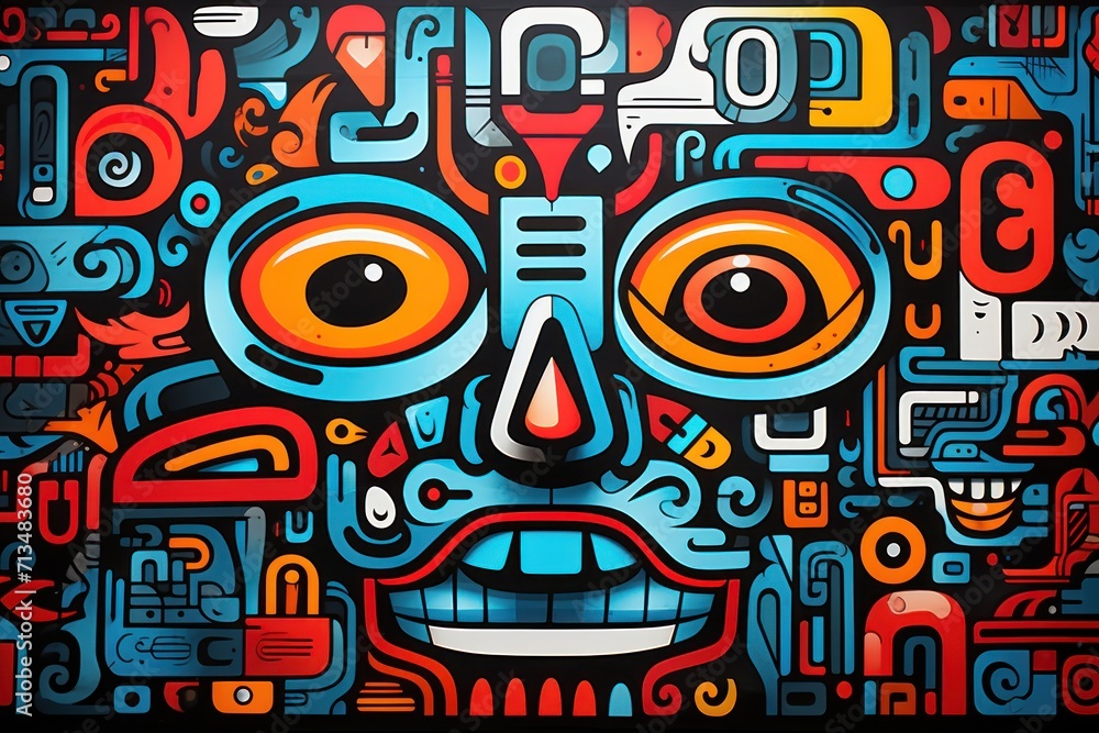  a painting of a face made up of many different types of shapes and sizes on a black background with red, orange, blue, and yellow colors.