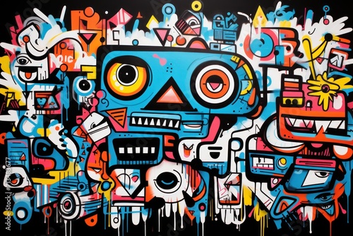  a painting of a blue robot surrounded by lots of different colored shapes and sizes on a black background with spray paint.