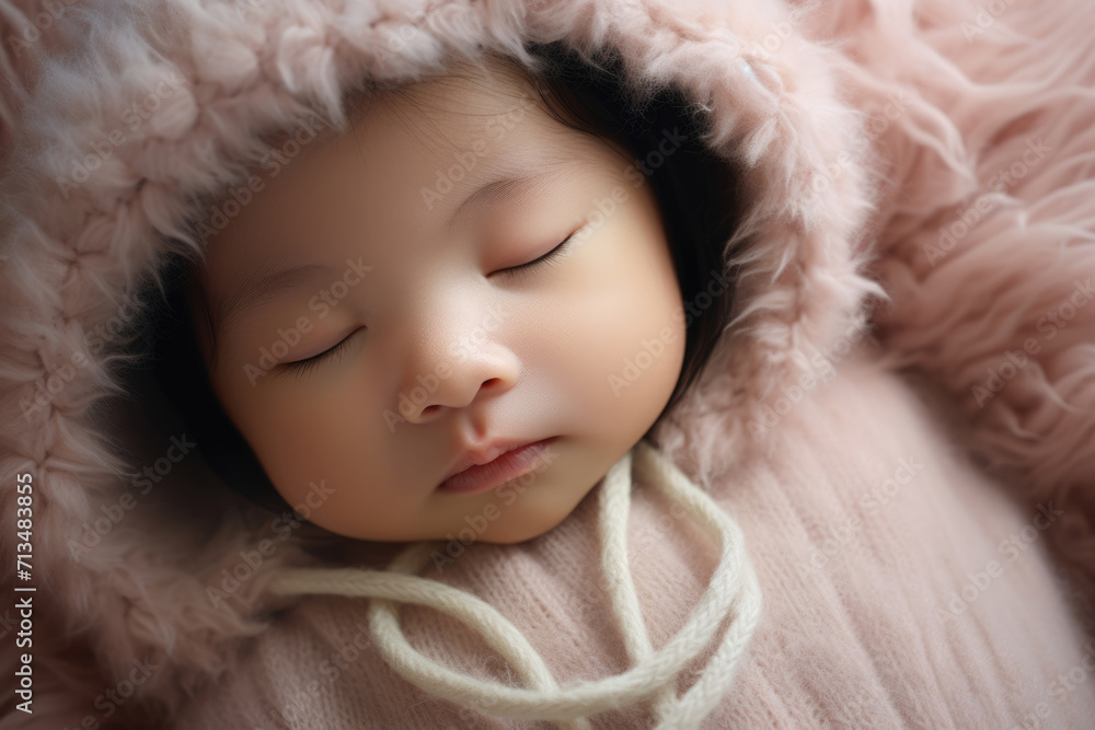 Cute sleeping newborn baby in warm clothes