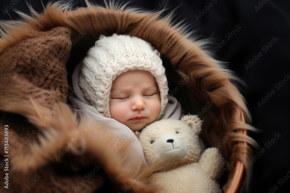 Cute newborn baby sleeping with soft toy