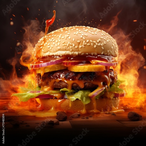 AI Generated Big hamburger in a fire and smoke background photo