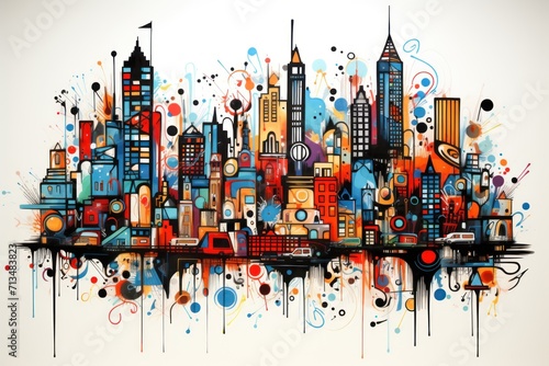  a painting of a cityscape with lots of colorful paint splatters on the side of the city.