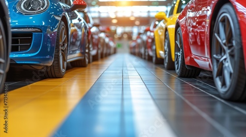 Luxury cars showcased in auto dealership showroom with vivid colors © OKAN