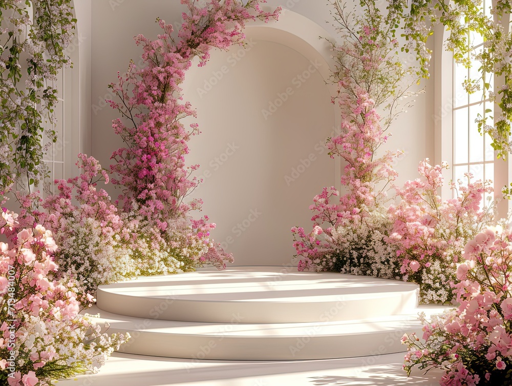 Elegant Indoor Podium with Sunlit Flower Arrangement