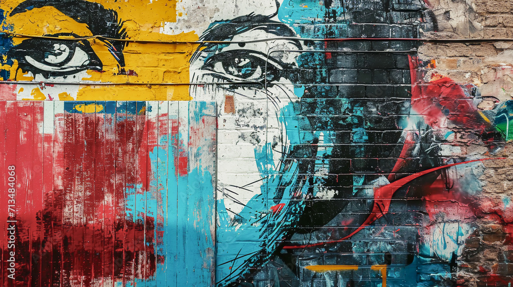 Fototapeta premium Abstract colorful fragment of graffiti on old brick wall with face. Street art. Grunge messy street background